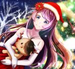  1girl araragi_koyomi bakemonogatari bangs bare_shoulders blue_eyes blurry blurry_background character_doll christmas_tree collarbone commentary crossed_arms depth_of_field detached_sleeves dress dutch_angle elbow_gloves eyebrows_visible_through_hair flower fur-trimmed_dress fur-trimmed_hat fur_trim gloves hair_flower hair_ornament hair_spread_out hat heart heart_necklace holding holding_stuffed_animal hvxv8543 jewelry long_hair looking_down monogatari_(series) necklace night night_sky purple_hair red_dress red_headwear reindeer santa_hat senjougahara_hitagi shiny shiny_hair shiny_skin sidelocks signature sky smile snowing strapless stuffed_animal stuffed_toy swept_bangs upper_body white_gloves 