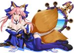  absurdres animal_ear_fluff animal_ears bare_shoulders blue_kimono blue_legwear blue_ribbon breasts cleavage commentary commentary_request detached_sleeves dousunnen fate/grand_order fate_(series) fox_ears fox_girl fox_tail full_body hair_ribbon highres japanese_clothes kimono large_breasts mirror multiple_tails ocean paw_pose pink_hair ribbon tail tamamo_(fate)_(all) tamamo_no_mae_(fate) yellow_eyes 