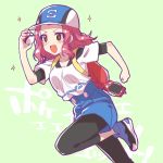  1girl :d background_text backpack bag baseball_cap black_shirt blue_footwear blue_headwear blue_shorts brown_eyes commentary cosplay female_protagonist_(pokemon_go) female_protagonist_(pokemon_go)_(cosplay) green_background hat high-waist_shorts highres holding holding_poke_ball kuroi_mimei layered_clothing leaning_forward leg_up leggings legwear_under_shorts looking_to_the_side medium_hair no_socks open_mouth pantyhose poke_ball poke_ball_(generic) poke_ball_print pokemon pokemon_(game) pokemon_go red_hair rosehip_(girls_und_panzer) running shirt shoes short_shorts shorts smile sneakers solo sparkle v-shaped_eyebrows white_shirt 