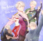  1boy 2019 ^_^ arm_up blue_eyes bowl chopsticks closed_eyes coat collared_shirt dated dog food hair_over_one_eye happy_birthday heart-shaped_mouth highres ice_skates jinbei_(clothes) katsudon_(food) makkachin male_focus open_mouth scarf shirt silver_hair skates smile snowflakes takeshi_(mononohu20) teenage viktor_nikiforov younger yuri!!!_on_ice 