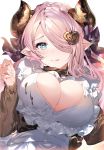  1girl apron black_sweater blue_eyes blush braid breasts chocolate_on_clothes cleavage cleavage_cutout closed_mouth crown_braid draph fang frills granblue_fantasy hair_ornament hair_over_one_eye heart heart-shaped_pupils heart_cutout heart_hair_ornament highres horn_ribbon horns large_breasts licking_lips long_hair long_sleeves looking_at_viewer meme_attire narmaya_(granblue_fantasy) open-chest_sweater pink_hair pointy_ears ribbon simple_background smile solo sweater symbol-shaped_pupils tongue tongue_out umibouzu_(niito) upper_body white_apron white_background 