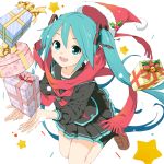  1girl aqua_eyes aqua_hair bell black_legwear black_shirt black_skirt box brown_footwear christmas collarbone collared_shirt commentary fur-trimmed_hat gift gift_bow gift_box hair_ribbon hat hatsune_miku holding holly legs_up light_blush long_hair long_sleeves looking_at_viewer mary_janes miniskirt neckerchief open_mouth outstretched_hand red_headwear red_neckwear red_scarf ribbon sailor_collar santa_hat scarf school_uniform serafuku shirt shoes skirt smile socks solo soukun_s star twintails very_long_hair vocaloid vocaloid_(lat-type_ver) white_background 