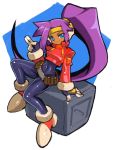  1girl ashe_(rockman) ashe_(rockman)_(cosplay) blue_eyes cosplay crate dakusuta dark_skin headband high_ponytail long_hair ponytail purple_hair rockman rockman_zx rockman_zx_advent shantae_(character) shantae_(series) simple_background sitting smile solo very_long_hair 