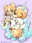  4_fingers anthro asian_clothing blonde_hair blush canid canine canis clothed clothing domestic_dog east_asian_clothing female fingers fur hair hi_res japanese_clothing kemono kimono mammal nagoshinikake open_mouth purple_background raised_tail simple_background solo tan_body tan_fur tongue yellow_eyes 
