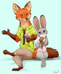  2017 ambiguous_gender anthro barefoot black_nose blue_background bottomwear canid canine cattont claws clothed clothing dessert dipstick_ears disney duo food fox fully_clothed fur gloves_(marking) green_eyes grey_body grey_fur hi_res holding_food holding_object ice_cream ice_cream_cone inner_ear_fluff judy_hopps lagomorph leporid mammal markings multicolored_ears necktie nick_wilde orange_body orange_fur pants pawpads pink_nose purple_eyes rabbit red_fox shirt simple_background sitting smile toe_claws topwear tuft zootopia 