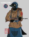  2019 alvidz anthro avian bird bottomwear clothed clothing corvid corvus_(genus) digital_media_(artwork) fully_clothed male portrait raven simple_background skirt smile soldier solo warrior weapon 