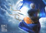  1boy black_pants blue_coat coat devil_may_cry devil_may_cry_3 dual_wielding epic et.m force_edge_(dmc) gloves holding katana male_focus open_clothes open_coat pants serious silver_hair solo sword trench_coat vergil weapon white_hair 