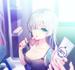  1girl anastasia_(fate/grand_order) bathroom blue_eyes breasts cleavage fate/grand_order fate_(series) fingernails hair_over_one_eye long_hair mirror nightgown patori silver_hair toothbrush toothpaste 