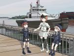  3girls adrian_ferrer black_legwear blue_dress blue_eyes boat book boots brown_eyes brown_hair character_request commentary cross-laced_footwear dock dress english_commentary full_body hat kantai_collection lace-up_boots military military_uniform multiple_girls naval_uniform pier pleated_skirt red_hair sailor_collar sailor_dress sailor_hat short_dress short_hair silver_hair skirt socks standing thighhighs uniform watercraft white_footwear white_skirt z1_leberecht_maass_(kantai_collection) z3_max_schultz_(kantai_collection) 