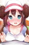  1girl bangs blue_eyes blurry blurry_foreground blush breast_press breasts brown_hair cleavage collarbone commentary_request depth_of_field double_bun eyebrows_visible_through_hair hair_between_eyes hands_up highres long_hair medium_breasts mei_(pokemon) nose_blush open_mouth pokemon pokemon_(game) pokemon_bw2 pov rouka_(akatyann) shirt solo_focus twintails upper_body visor_cap white_headwear white_shirt 