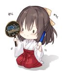  1girl bangs blush bow brown_hair chibi closed_mouth commentary_request fan female_saniwa_(touken_ranbu) full_body glowstick hair_between_eyes hair_bow hakama holding holding_fan japanese_clothes kimono long_sleeves mochizuki_shiina no_shoes paper_fan red_hakama saniwa_(touken_ranbu) seiza shadow sitting smile socks solid_oval_eyes solo touken_ranbu translation_request uchiwa white_kimono white_legwear wide_sleeves yellow_bow 