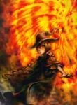  1girl berserk blurry bob_cut brown_cloak brown_hair brown_headwear brown_robe cloak fire glowing glowing_eyes graphite_(medium) hat magic morino_hiro open_hand open_mouth orange_eyes outstretched_arms robe schierke short_hair solo spread_fingers staff standing traditional_media witch witch_hat 