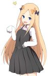  1girl abigail_williams_(fate/grand_order) absurdres bangs black_bow black_dress blonde_hair blue_eyes blush bow commentary_request dress eyebrows_visible_through_hair fate/grand_order fate_(series) hair_bow highres long_hair long_sleeves looking_at_viewer mitchi orange_bow parted_bangs red_ribbon ribbon shirt simple_background sleeves_past_fingers sleeves_past_wrists solo very_long_hair white_background white_shirt 