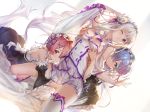  77gl breast_grab emilia_(re:zero) headband long_hair maid pointed_ears ram_(re:zero) re:zero_kara_hajimeru_isekai_seikatsu rem_(re:zero) short_hair thighhighs waifu2x wink yuri 