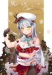  1girl absurdres alternate_costume animal_ears arm_support arm_under_breasts bare_shoulders beret black_gloves black_panties blush breasts christmas christmas_tree cleavage commentary_request cowboy_shot detached_collar fake_animal_ears fur-trimmed_shirt fur-trimmed_skirt girls_frontline gloves green_eyes groin hair_ornament hairclip hat highleg highleg_panties highres hk416_(girls_frontline) iron_cross large_breasts long_hair looking_at_viewer luna_nyann merry_christmas panties pantyhose plaid plaid_shirt plaid_skirt red_shirt red_skirt shirt side_slit silver_hair skirt snowflakes solo underwear very_long_hair white_headwear 
