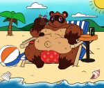  2019 absurd_res animal_crossing anthro beach belly blush bodily_fluids brown_body brown_fur canid canine clothing fur hi_res humanoid_hands male mammal moobs navel nintendo nipples obese outside overweight raccoon_dog seaside sitting solo sweat tanuki tom_nook_(animal_crossing) underwear video_games water xxedge 