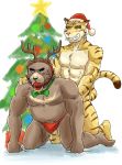  2019 anthro belly black_nose blush brown_body brown_fur bulge christmas christmas_tree clothing duo eyes_closed felid fur hat headgear headwear hi_res holidays humanoid_hands juuichi_mikazuki male male/male mammal moobs morenatsu muscular navel nipples overweight overweight_male pantherine pecs santa_hat tiger torahiko_(morenatsu) tree underwear ursid video_games 馬賽克 