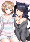  2girls animal_ear_fluff animal_ears bangs black_dress black_hair black_ribbon blue_bow blue_eyes blunt_bangs blush bow breasts brown_eyes brown_hair cat_ears cat_girl cat_tail cleavage commentary_request drawstring dress eyebrows_behind_hair grey_jacket hair_bow hair_ribbon highres hood hood_down hooded_jacket jacket long_sleeves looking_at_viewer loungewear medium_breasts multiple_girls omoomomo original pink_bow print_jacket print_shorts ribbon short_shorts shorts sleeves_past_wrists star star_print striped striped_jacket striped_shorts tail thighhighs white_legwear 