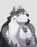  &lt;3 2018 accessory anthro black_nose canid canine canis chest_tuft fur grey_body grey_fur headband hi_res horkeukamui looking_at_viewer lveink male mammal multicolored_body multicolored_fur muscular muscular_male simple_background solo tokyo_afterschool_summoners tuft two_tone_body two_tone_fur video_games white_body white_fur wolf yellow_eyes 