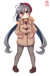  1girl absurdres ahoge alternate_costume artist_logo beret black_legwear brown_coat coat commentary_request dated full_body grey_eyes grey_hair grey_skirt grin hair_between_eyes hands_in_pockets hat highres kanon_(kurogane_knights) kantai_collection kiyoshimo_(kantai_collection) long_hair looking_at_viewer low_twintails pantyhose pleated_skirt red_headwear simple_background skirt smile solo twintails white_background winter_clothes 