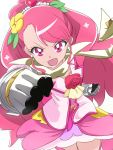  1girl :o absurdres angry clenched_hand commentary cowboy_shot crossover cure_grace earrings flower gloves hair_bun hair_flower hair_ornament hanadera_nodoka healin&#039;_good_precure heart heart_hair_ornament highres jewelry long_hair looking_at_viewer magical_girl mashitono_desu open_mouth pink_eyes pink_hair pink_skirt precure red_flower red_rose rose scarf seiyuu_connection senki_zesshou_symphogear simple_background skirt solo white_background yuuki_aoi 