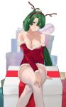  1girl antlers bangs bare_shoulders box breasts cleavage collarbone crossed_legs detached_sleeves dress english_commentary eyelashes fake_antlers feet_out_of_frame fire_emblem fire_emblem:_the_blazing_blade fur-trimmed_dress fur-trimmed_sleeves fur_trim gift gift_box green_eyes green_hair hair_between_eyes hand_on_own_knee head_tilt headband highres j@ck large_breasts long_hair long_sleeves looking_at_viewer lyn_(fire_emblem) parted_lips ponytail red_dress reindeer_antlers shiny shiny_hair sidelocks simple_background sitting solo thighhighs very_long_hair white_background white_legwear zettai_ryouiki 