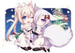  2girls aika_(konshin) animal_ear_fluff animal_ears artist_name blue_eyes blurry blurry_background bow breasts bridal_gauntlets capelet cat_ears cat_tail chibi christmas_tree cleavage dated fox_ears fox_tail fur_trim hair_bow hair_over_one_eye holding_hands kitsune kneeling konshin long_sleeves looking_at_viewer medium_breasts merry_christmas multiple_girls one_eye_closed open_mouth original pantyhose puffy_long_sleeves puffy_sleeves purple_eyes tail 