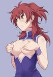  blush breasts covering covering_breasts gundam gundam_00 large_breasts maruto! nena_trinity open_clothes open_shirt red_hair shirt solo sweatdrop yellow_eyes 