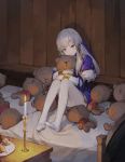  1girl bed candle closed_mouth dress fire_emblem fire_emblem:_three_houses hair_ornament holding holding_stuffed_animal knees_up long_hair long_sleeves lysithea_von_ordelia mayya82 pink_eyes plate sitting solo stuffed_animal stuffed_toy teddy_bear white_hair white_legwear 