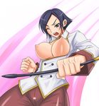  blue_eyes blue_hair breasts elisabeth_blanctorche large_breasts nipples no_bra one_eye_closed riding_crop short_hair shunzou solo the_king_of_fighters 