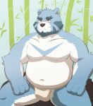  2019 absurd_res anthro asian_clothing belly blue_body blue_fur bulge clothing dasoowolf east_asian_clothing fundoshi fur hi_res humanoid_hands japanese_clothing male mammal moobs navel overweight overweight_male sitting solo underwear ursid white_body white_fur 全兽出击 十泉介 
