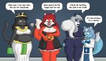  absurd_res breasts butt canid canine cleavage clothed clothing costume dialogue domestic_cat felid feline felis fox group halloween hi_res holidays lordstormcaller mammal rodent sciurid 