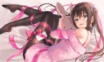  1girl bare_shoulders bed_sheet black_legwear blue_eyes brown_hair collar commentary_request doll_hug feet fur hair_ornament hanekoto long_hair looking_at_viewer looking_to_the_side lying no_shoes off-shoulder_shirt off_shoulder on_side open_mouth original pantyhose pink_shirt plantar_flexion red_ribbon ribbon shirt sidelocks smile solo stuffed_animal stuffed_bunny stuffed_toy thighband_pantyhose twintails twitter_username 