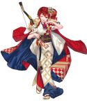 1girl anna_(fire_emblem) bangs bow_(weapon) fire_emblem fire_emblem_heroes full_body hair_ornament hanekoto highres japanese_clothes kimono looking_at_viewer obi official_art one_eye_closed open_mouth red_eyes red_hair sandals sash smile solo tabi tied_hair transparent_background weapon white_legwear 