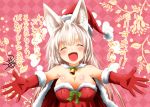  1girl animal_ear_fluff animal_ears bare_shoulders bell bell_collar blush breasts cape checkered checkered_background christmas cleavage closed_eyes collar commentary_request dress eyebrows_visible_through_hair fang fox_ears fur-trimmed_cape fur-trimmed_dress fur-trimmed_gloves fur_trim gloves hat kohaku_(yua) large_breasts long_hair looking_at_viewer open_arms open_mouth oppai_loli original red_cape red_dress red_gloves santa_costume santa_hat signature skin_fang sleeveless sleeveless_dress smile solo strapless strapless_dress translation_request white_hair yua_(checkmate) 