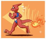  2019 absurd_res anthro blue_eyes border charmeleon clothed clothing countershading fire hi_res megawolf77 midriff navel nintendo pok&eacute;mon pok&eacute;mon_(species) running shadow solo video_games white_border 