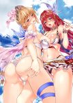  2girls ass bangs bare_shoulders belt bikini bikini_pull black_bikini blonde_hair blue_eyes blue_sky blush breasts breasts_outside collarbone detached_collar europa_(granblue_fantasy) feathers godguard_brodia granblue_fantasy hair_between_eyes hair_feathers hair_ornament large_breasts layered_bikini licking_lips long_hair looking_at_viewer miniskirt multiple_girls nanase_mizuho navel open_mouth puffy_nipples red_hair sash short_hair skirt sky swimsuit thigh_strap thighs tiara tongue tongue_out very_long_hair white_bikini 