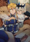  2girls ahoge artoria_pendragon_(all) artoria_pendragon_(lancer) blonde_hair blue_legwear braid breasts cape cleavage crown fate/grand_order fate_(series) french_braid fur-trimmed_cape fur_trim green_eyes grey_hair hair_between_eyes highres lion medium_breasts morgan_le_fay_(fate) multiple_girls siblings sisters sitting smile thighhighs yorukun 