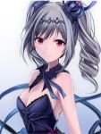  1girl bangs bare_arms blue_dress breasts cleavage detached_collar dress drill_hair eyebrows_visible_through_hair grey_hair hair_ornament halftone halftone_background idolmaster idolmaster_cinderella_girls kanzaki_ranko looking_at_viewer medium_hair nannacy7 navy_blue_dress red_eyes sideboob sleeveless sleeveless_dress small_breasts smile solo strapless strapless_dress twin_drills upper_body 