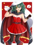  1girl bangs belt black_belt black_cape black_legwear blush breasts brown_gloves cape christmas cleavage dress eyepatch gloves green_eyes green_hair hair_between_eyes hat highres holding holding_sack kantai_collection kiso_(kantai_collection) long_hair medium_breasts musical_note open_mouth pantyhose red_background red_dress remodel_(kantai_collection) sack santa_costume sebunsu simple_background sleeveless sleeveless_dress solo speech_bubble spoken_musical_note star white_headwear 