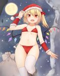  1girl :d bangs bare_shoulders bikini blonde_hair blush boots bow breasts brown_footwear commentary_request cowboy_shot crystal flandre_scarlet full_moon hair_bow hand_up hat looking_at_viewer miyo_(ranthath) moon navel night night_sky one_side_up open_mouth pom_pom_(clothes) red_bikini red_bow red_eyes red_headwear sack santa_bikini santa_hat short_hair side-tie_bikini sky small_breasts smile snowing solo standing stomach swimsuit thighhighs thighs touhou white_legwear wings wrist_cuffs 