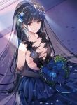  1girl black_hair blue_flower bouquet breasts brown_eyes cleavage copyright_request dress elbow_gloves flower gloves hayakawa_akari head_wreath holding holding_bouquet indoors looking_at_viewer official_art petals small_breasts smile solo sunlight veil 