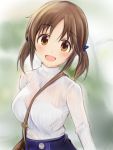  1girl :d bangs between_breasts blue_bow blurry blurry_background blush bow bra bralines breasts brown_eyes brown_hair eyebrows_visible_through_hair hair_bow idolmaster idolmaster_cinderella_girls large_breasts long_sleeves looking_at_viewer medium_hair nannacy7 open_mouth parted_bangs ribbed_shirt ribbed_sleeves see-through shirt smile solo strap_between_breasts totoki_airi turtleneck twintails underwear upper_body white_shirt 