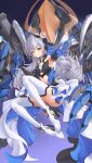  1girl absurdres bangs bare_shoulders blue_eyes blush bow breasts bronya_zaychik commentary_request dress drill_hair eyebrows_visible_through_hair gloves hair_between_eyes hair_bow hair_ornament highres honkai_(series) honkai_impact_3rd jewelry long_hair looking_at_viewer miso_(b7669726) silver_hair small_breasts smile solo thighhighs twin_drills 