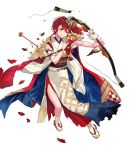  1girl anna_(fire_emblem) bangs bow_(weapon) broken broken_weapon fire_emblem fire_emblem_heroes full_body hair_ornament hanekoto highres japanese_clothes kimono obi official_art red_eyes red_hair sandals sash solo tabi tied_hair torn_clothes transparent_background weapon white_legwear 