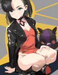  &gt;_&lt; 1girl absurdres asymmetrical_bangs bangs black_choker black_hair black_jacket bloop breasts character_request choker cleavage deep_skin dress expressionless forehead gen_8_pokemon green_eyes hand_on_own_thigh highres jacket jewelry leather leather_jacket legs_together mary_(pokemon) microdress no_panties pendant pokemon pokemon_(game) pokemon_swsh red_dress small_breasts solo_focus squatting thighs undercut 