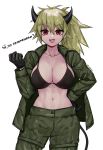  akitannn black_bra black_gloves blonde_hair bra breasts cleavage dorohedoro fatigues gloves highres horns large_breasts looking_at_viewer navel nikaidou_(dorohedoro) red_eyes smile underwear 