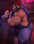  2019 5_fingers absurd_res alcohol bar beard belt beverage big_bulge big_muscles black_hair bottomwear bulge clothing facial_hair fingers green_eyes grisser hair hairy hairy_arms hi_res huge_muscles humanoid humanoid_pointy_ears jeans looking_at_viewer male muscular muscular_male mustache orc orc_humanoid pants shirt sitting solo tan_body tan_skin tank_top tight_clothing topwear tusks 