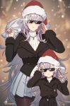  2girls age_difference azur_lane bangs black_jacket blazer breasts brown_legwear christmas crossed_bangs cuboon deal_with_it double-breasted glint graf_zeppelin_(azur_lane) grey_hair hair_between_eyes hands_up hat height_difference holding holding_sack jacket jewelry large_breasts long_hair long_sleeves looking_at_viewer meme miniskirt multiple_girls necklace pantyhose pleated_skirt red_headwear ribbed_sweater sack santa_hat skirt sunglasses sweater twitter_username v-shaped_eyebrows very_long_hair white_skirt zeppelin-chan_(azur_lane) 