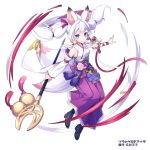  1girl animal_ear_fluff animal_ears black_footwear full_body holding holding_staff japanese_clothes official_art purple_eyes simple_background smile solo sora_to_umi_no_aida staff twintails white_background white_hair 